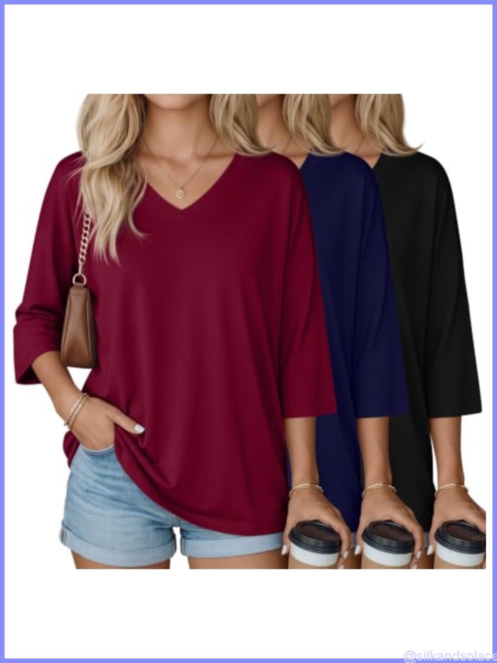 Women's Oversized 3/4 Sleeve V-Neck Cotton T-Shirts 3 Pack Casual Tops